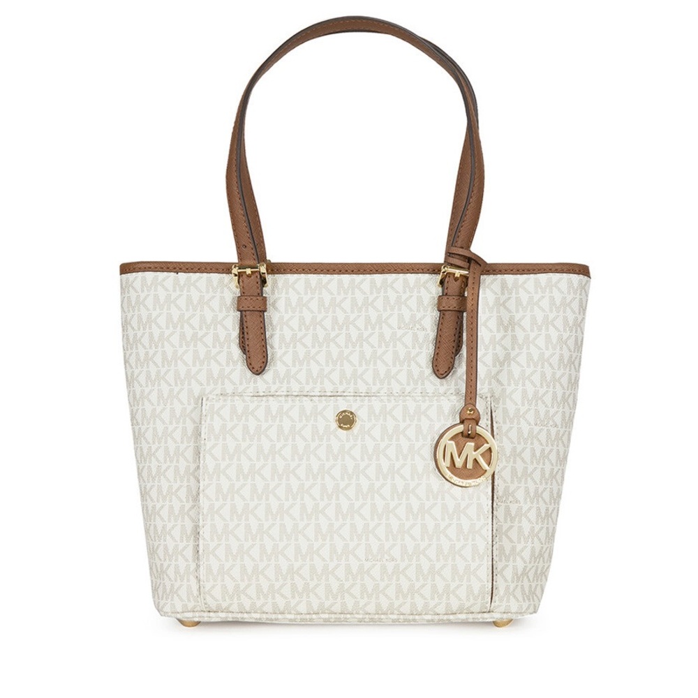 Jet set travel medium logo tote- vanilla.